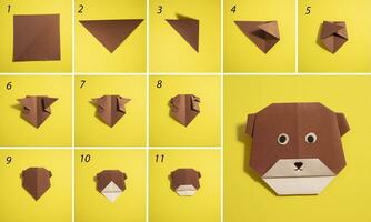 Schritt durch Schritt Foto Anweisung Wie zu machen Origami Papier tragen. einfach DIY Kinder Kinder- Konzept.