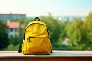 ai generiert Rucksack mit verschiedene bunt Schreibwaren auf das Tabelle auf verschwommen Natur Stadt, Dorf Hintergrund foto