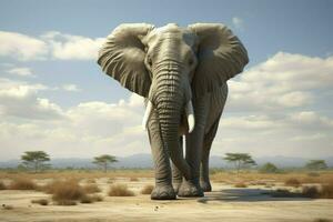 ai generiert Nahansicht Porträt Elefant auf Blau Himmel Hintergrund suchen Nieder foto