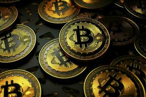 ai generiert Muster von golden Bitcoin Symbol, runden Münze wie Kryptowährung, Digital Geld, foto