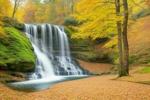 ai generiert Wasserfall im Herbst Wald Landschaft Hintergrund. Profi Foto