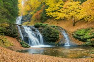 ai generiert Wasserfall im Herbst Wald Landschaft Hintergrund. Profi Foto