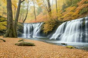 ai generiert Wasserfall im Herbst Wald Landschaft Hintergrund. Profi Foto