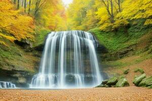 ai generiert Wasserfall im Herbst Wald Landschaft Hintergrund. Profi Foto