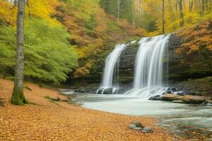 ai generiert Wasserfall im Herbst Wald Landschaft Hintergrund. Profi Foto