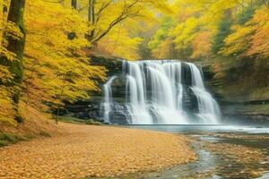 ai generiert Wasserfall im Herbst Wald Landschaft Hintergrund. Profi Foto