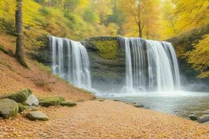 ai generiert Wasserfall im Herbst Wald Landschaft Hintergrund. Profi Foto