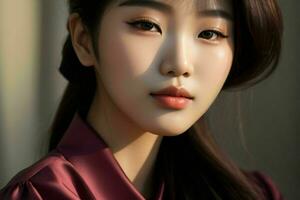 ai generiert atemberaubend schön jung asiatisch Frau mit hoch Kontrast Schatten und modisch Stil. Profi Foto