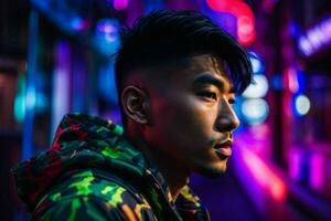 ai generiert jung asiatisch muskulös Mann mit Hüfte hop Stil mit Neon- Licht beim Straße. Profi Foto