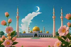 ai generiert 3d machen Moschee, Mond und Blumen mit Pastell- Farben. eid Mubarak und eid al Adha. Profi Foto