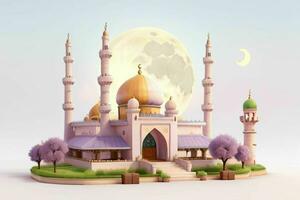 ai generiert 3d machen Moschee, Mond und Blumen mit Pastell- Farben. eid Mubarak und eid al Adha. Profi Foto