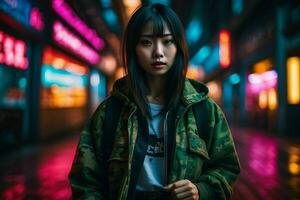 ai generiert Straße Mode asiatisch jung Mädchen, Neon- Licht, Nachtleben und modisch Lebensstil foto