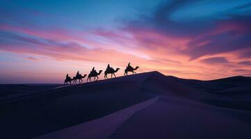 ai generiert Wohnwagen Reisen Über Dünen im das Wüste foto