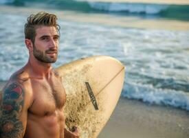 ai generiert passen und gut aussehend männlich Surfer halten ein Surfbrett auf Ozean Ufer. Ferien und Reise Lebensstil foto