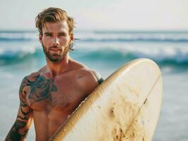 ai generiert passen und gut aussehend männlich Surfer halten ein Surfbrett auf Ozean Ufer. Ferien und Reise Lebensstil foto