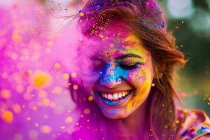 ai generiert Aufregung von ein Dame feiern das holi Festival foto