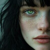 ai generiert ein schön Frau mit Grün Augen und schwarz Haar im Nahansicht foto