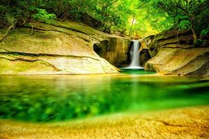 das Foto Anzeigen ein still natürlich Umgebung mit ein Herrlich Wasserfall, glitzernd Wasser, felsig Aufschlüsse, üppig Vegetation, und ein tief Wald im das Entfernung