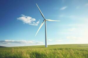 ai generiert Panorama- Aussicht von Wind Bauernhof oder Wind Park, mit hoch Wind Turbinen zum Generation Elektrizität mit Kopieren Raum. foto