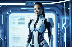 ai generiert schön Cyber Frau im futuristisch Roboter Kostüm. erweitert Wirklichkeit Spiel, Zukunft Technologie. foto