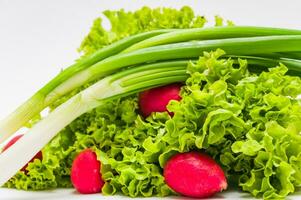 Grün Salat Blätter, rot Rettich und Grün Zwiebel auf ein Weiß Hintergrund foto