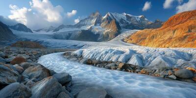 ai generiert geschmolzen Gletscher unter Felsen im das Hochland foto