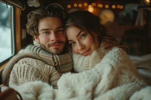 ai generiert jung Paar im warm Pullover im ein alpin Tourist Schutz während ein Reise foto
