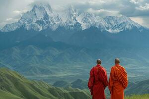 ai generiert zwei Buddhist Mönche gegen das Hintergrund von Berge foto