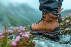 ai generiert Trekking Stiefel auf das Füße von ein Wanderer Gehen durch das wolkig Berge foto