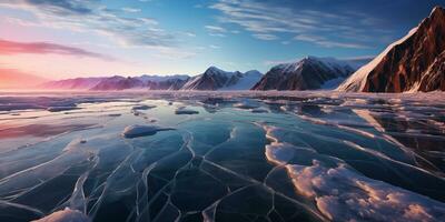ai generiert Winter Landschaft, eisig Oberfläche von gefroren Meer foto