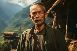 ai generiert ländlich asiatisch alt Mann gegen das Hintergrund von ein Senke mit landwirtschaftlich Terrassen foto