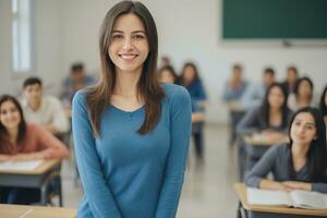 ai generiert ein schön lächelnd weiblich Lehrer tragen Blau lange Ärmel im ein Klassenzimmer foto