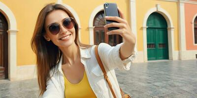 ai generiert ein lächelnd Tourist Frau tragen Sonnenbrille nimmt ein Selfie mit ihr Smartphone foto