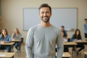 ai generiert ein gut aussehend männlich Lehrer lächelt im Klassenzimmer mit Studenten foto