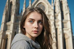 ai generiert ein schön jung Frau im Vorderseite von Kathedrale foto