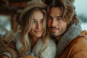 ai generiert jung Paar im Liebe im Winter Kleider während Reisen foto