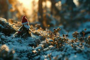 ai generiert Neu Jahr Karte, Spielzeug Santa im das Winter Wald foto