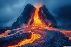 ai generiert schließen Aussicht von ein vulkanisch Eruption mit Lava fließt foto