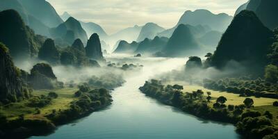 ai generiert Landschaft, Antenne Aussicht von ein schön Fluss Senke mit Nebel und Karst Felsen foto