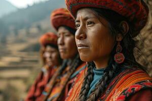 ai generiert peruanisch Frauen im National Kleider gegen ein Hintergrund von bergig Landschaft foto