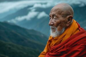 ai generiert Porträt von ein Alten Buddhist Mönch foto