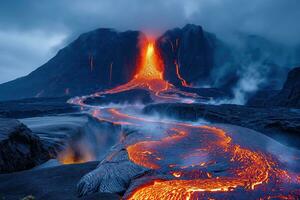 ai generiert schließen Aussicht von ein vulkanisch Eruption mit Lava fließt foto