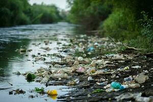 ai generiert Wasser Verschmutzung mit ein verschmutzt Flussufer übersät mit Plastik Abfall foto