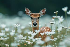 ai generiert ein Hirsch im ein Feld von Weiß Blumen selektiv Fokus foto