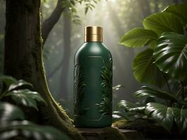 ai generiert Produkt spotten oben Flasche im ein Urwald Hintergrund foto