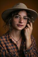 ai generiert ein Frau tragen Brille und ein Hut posiert zum ein Bild foto
