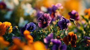 ai generiert ein verschwommen Foto von lila und Orange Blumen