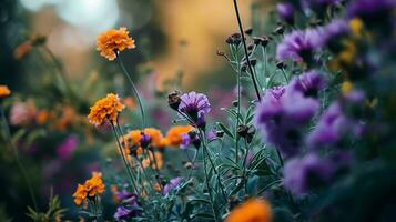 ai generiert ein verschwommen Foto von lila und Orange Blumen