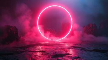 ai generiert Licht Rosa Neon- Kreis solide dunkel Blau grau Hintergrund foto