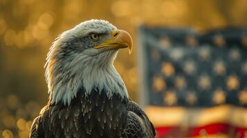 ai generiert ein amerikanisch kahl Adler steht im Vorderseite von ein amerikanisch Flagge foto